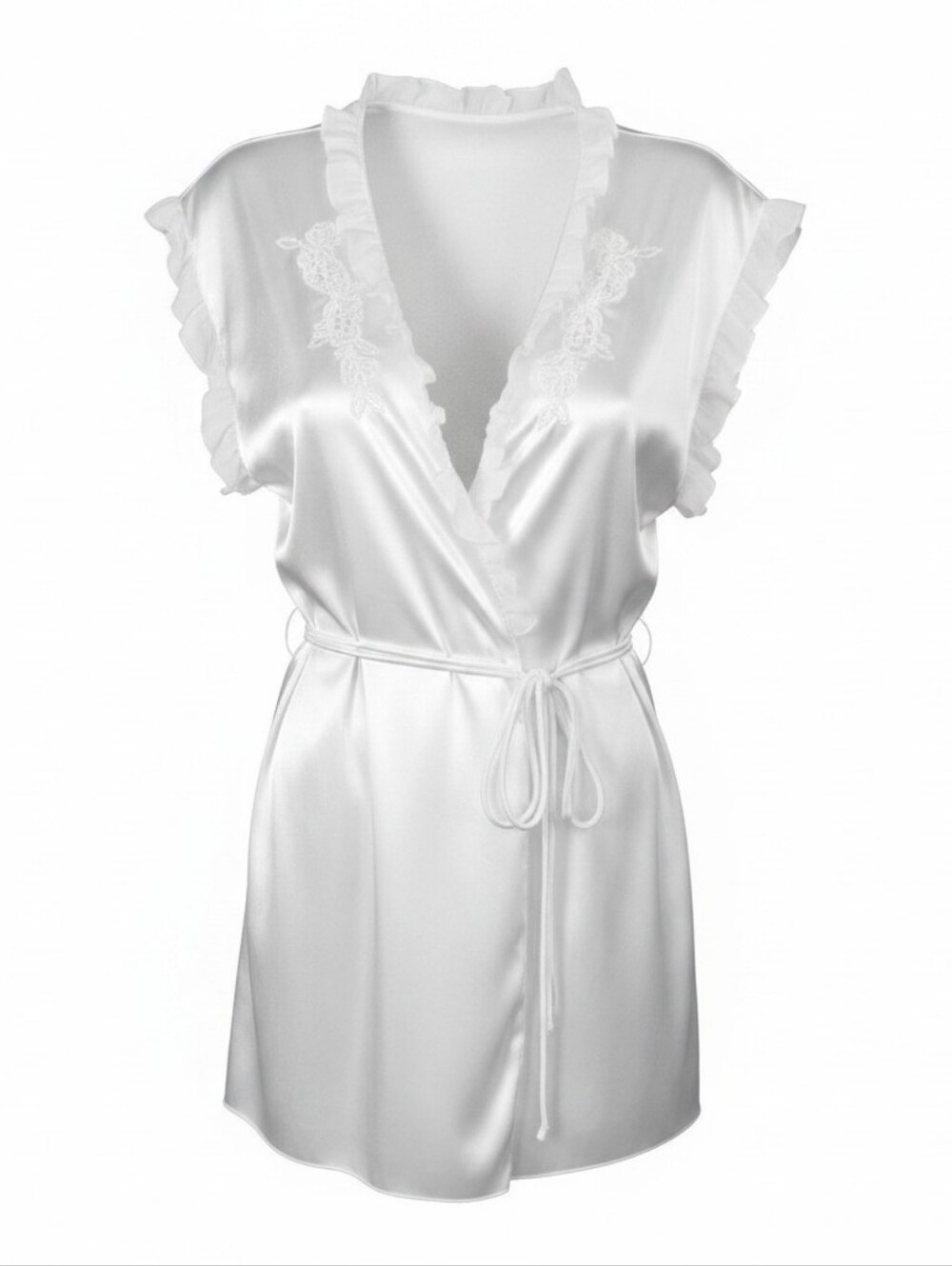 Intimo Donetella Elegant White Satin Ruffle Neck Trim Floral Embroidery …